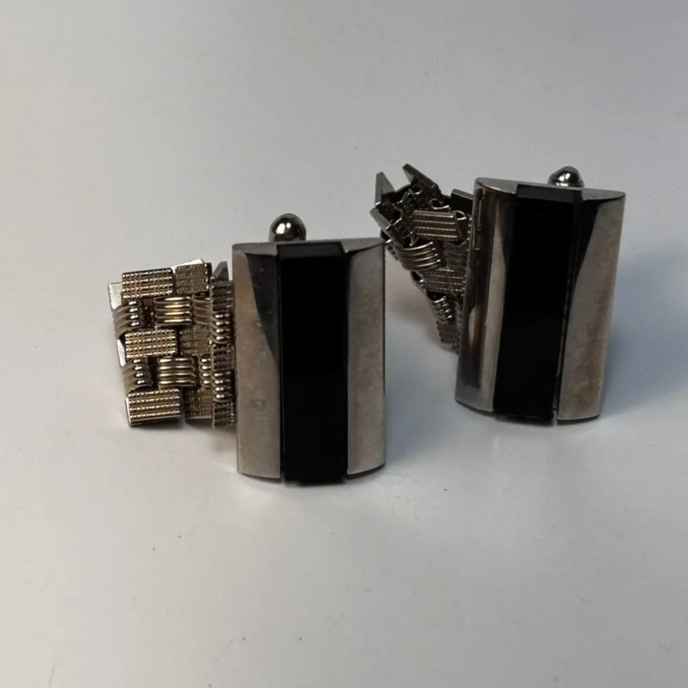 Vintage Cuff Links‎ Silver Tone Black Large Maximalism